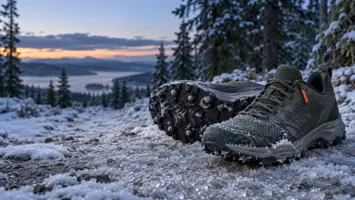 Et par vinterløpesko med små metallpigger i sålen på en isete, snødekt skogsti i blåtimen, med rim på bakken og grantrær bak