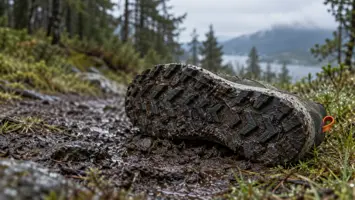 En terrengsko uten merke ligger på siden i bløt, mørk gjørme slik at de dype, pilformede knottene vender mot kameraet