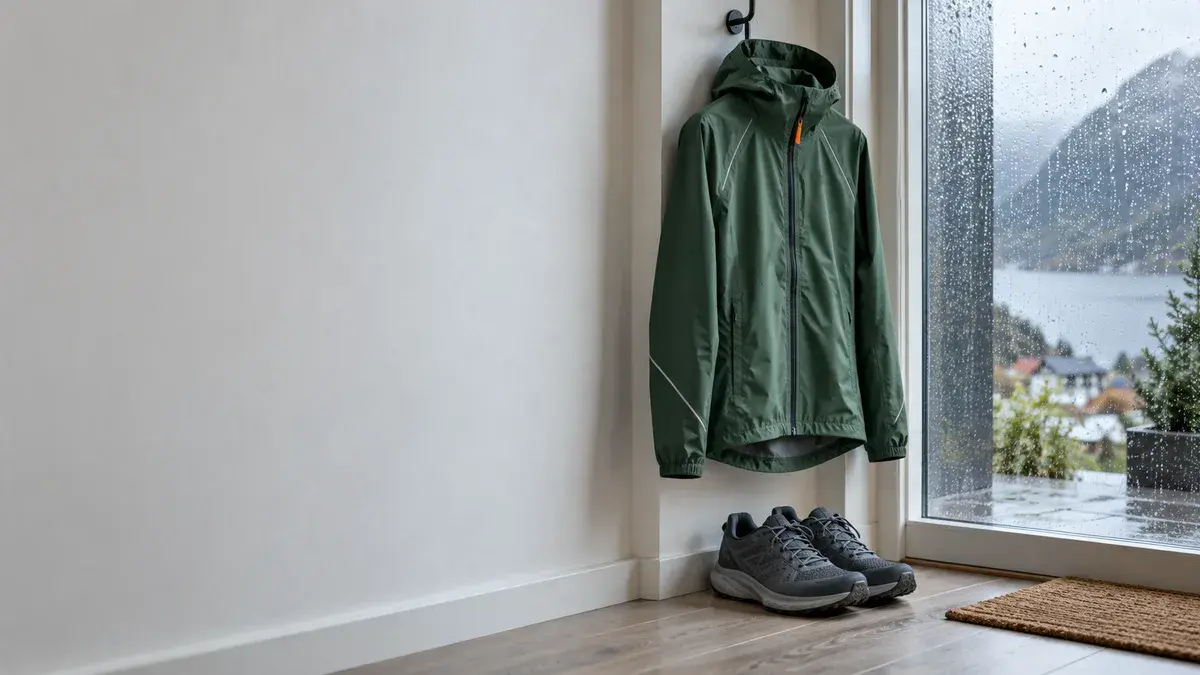 En grønn løpejakke med refleksdetaljer henger på en knagg i en gang, med regn på vinduet og et par løpesko på gulvet under