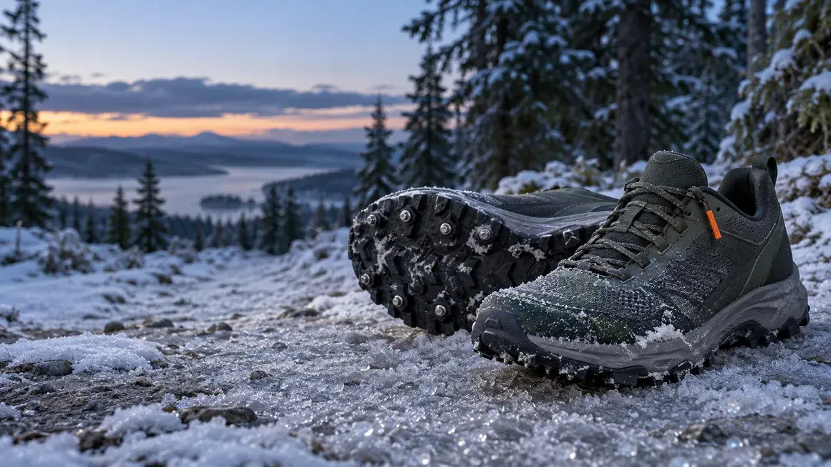 Et par vinterløpesko med små metallpigger i sålen på en isete, snødekt skogsti i blåtimen, med rim på bakken og grantrær bak